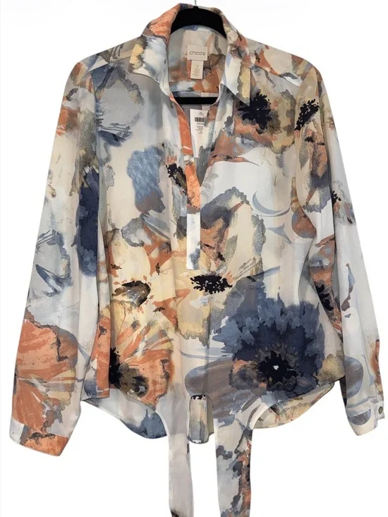 NWT Chico's Indigo Bloom Peasant Floral Tie-Front Blouse Sz 2 (Large) - Picture 1 of 8